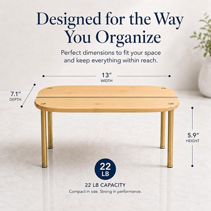 Ibyx Cabinet Organizer Set of 2 - Kitchen Pantry Organizers and Storage with Bamboo Top & Brass-Effect Metal Legs - for Kitchen Counter & Stackable Shelves for Cabinets with 22 lb Capacity - Natural