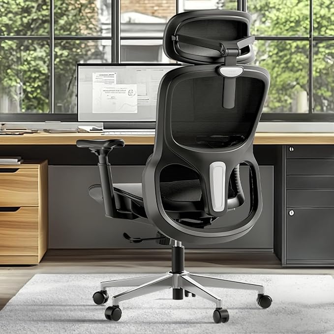 Hbada P2 Ergonomic Office Chair, Office Chair with 3D Lumbar Support, Mesh Chairs with 3D 360° Rotation Arms, 3D Headrest & Comfortable Seat, 135° Stepless Tilt Function, Black