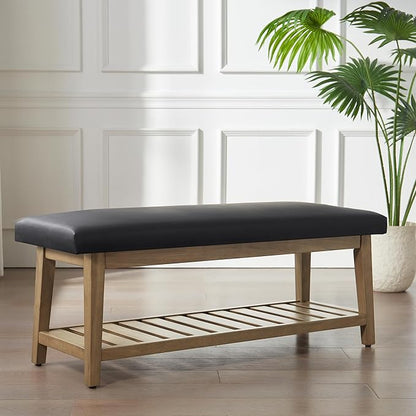 Entryway Bench, PU Leather Upholstered Shoe Benches for Bedroom, Ottoman Bench with Solid Wood Shelf, Storage Bench for Hallway, Living Room(Black)