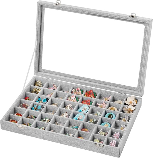 Frebeauty 48 Grid Jewelry Tray,Adjustable Earring Holder Organizer with Glass Lid,Velvet Drawer Jewelry Organizer for Rings,Studs,13.8 x 9.5 x 2 Inches Jewelry Display Box,Gift for Women(Grey)