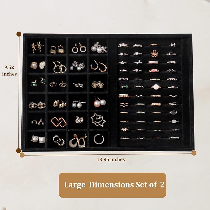 Large Velvet Jewelry Tray 2 Pack Stackable Jewelry Display Drawer Inserts Trays Organizer for Earring Bracelet Necklace Ring (Black, Ring and 24 Grids)