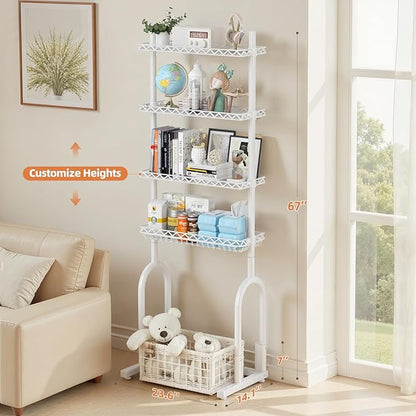 EAGMAK Over The Toilet Storage Rack, 4-Tier Bathroom Organizer with Adjustable Shelves & Basket, Rust-Resistant Metal Over Toilet Shelf for Small Bathroom Space Saving, White