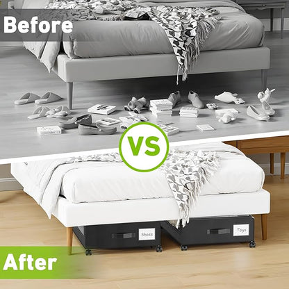 Molutsody Under Bed Storage with Wheels, 4-Pack Underbed Storage Containers with Clear Lids, Under Bed Shoe Storage Organizer, Rolling Under Bed Storage for Clothes Shoes Blankets (Black)
