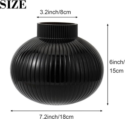 Black Glass Vase, Flower Vases for Bouquet, Ribbed Glass Vases for Flowers, Small Black Vase for Living Room, Office, Coffee Table, Shelf, Wedding, 6 Inches