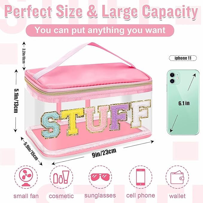Chenille Letter Clear Makeup Bags Stuff Pouch, Preppy Patch Makeup Bag Zipper with Handle, Transparent PVC & Nylon Waterproof Glitter Cosmetic Handbag Travel Toiletry Storage for Women (STUFF-Pink)
