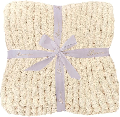 Bigacogo Chunky Knit Throw Blanket for Couch, 40x40 inches, 100% Hand Knitted with Thick Jumbo Chenille Yarn, Cozy Soft Large Rope Knot Cable Crochet Blankets for Sofa Bed Living Room, Beige