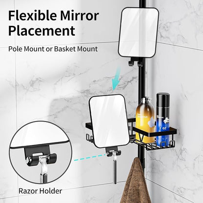 KEGII Shower Caddy Tension Pole - Adjustable Rustproof Corner Bathroom Organizer with Fogless Shower Mirror, 25–114.2 Inch No-Drill Bathroom Storage, Black