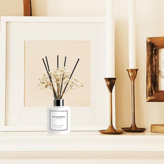 Ryanner Flower Reed Diffuser Set,5.1 fl oz White Jasmine Scent Diffuser with Sticks Home Fragrance Reed Diffuser with Essential Oil for Bathroom Shelf Decor&Air Freshener,Home Bathroom Office Decor