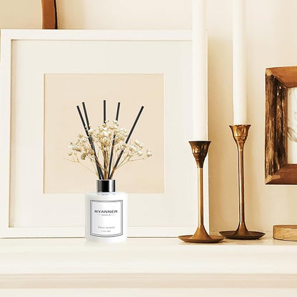 Ryanner Flower Reed Diffuser Set,5.1 fl oz White Jasmine Scent Diffuser with Sticks Home Fragrance Reed Diffuser with Essential Oil for Bathroom Shelf Decor&Air Freshener,Home Bathroom Office Decor