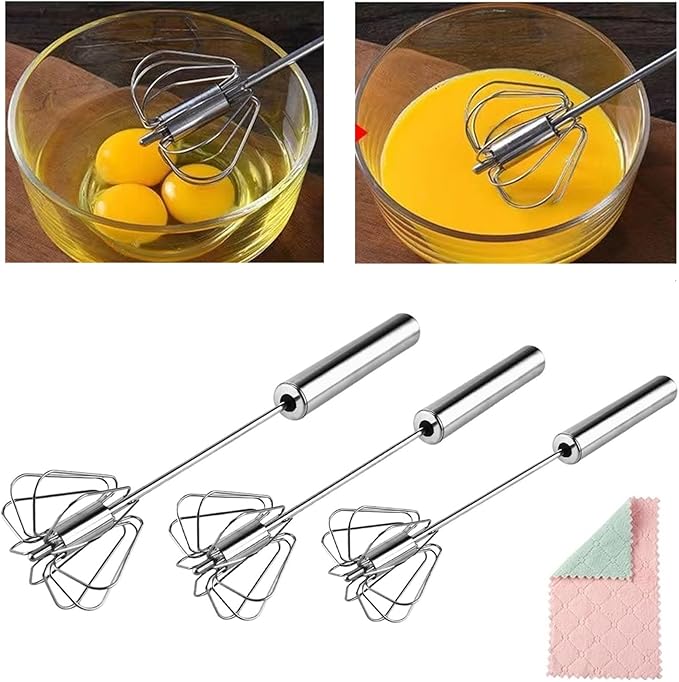 2025 New Stainless Steel Semi-Automatic Whisk with Cleaning Cloth, Wisking Tool Stainless, Multifunctional Egg Beater for Cooking Kitchen Household Eggs Milk Hand Whisk Mixer (A4-Old Style 3PCS)
