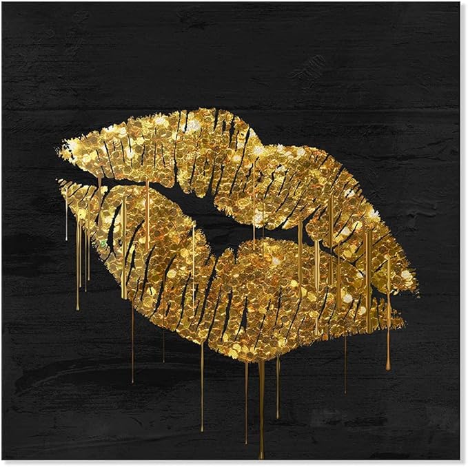 Black and Gold Lip Canvas Wall Art Gold Wall Decor Fashion Glam Poster Kiss Picture for Bedroom Bathroom Wall Decoration Ready to Hang 20x20Inch