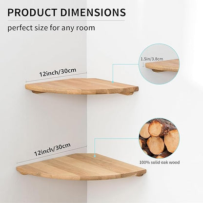 Conamily Corner Shelves, Floating Corner Shelf, Set of 2 12inch Solid Oak Wood Wall Shelves, Round End Wall Mount Display Shelf with Wire Hole for Bedroom Kitchen, Living Room