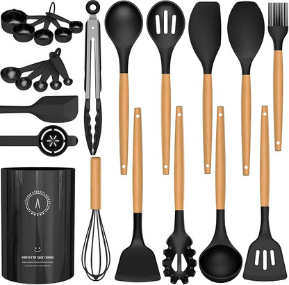 Silicone Cooking Utensils Set - AVGPD Silicone Kitchen Utensils for Cooking Wooden Handles, 446°F Heat Resistant Kitchen Utensil Spatula Sets, Gadgets for Non-Stick Cookware BPA FREE (Black)