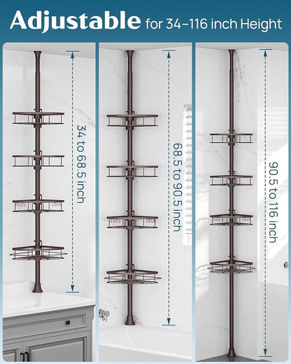 SEIRIONE Rustproof Shower Corner Caddy Organizer for Bathroom, Tension Pole with 4 Baskets, for Bathtub Storage Rack, 34 to 116 Inch Height, Bronze