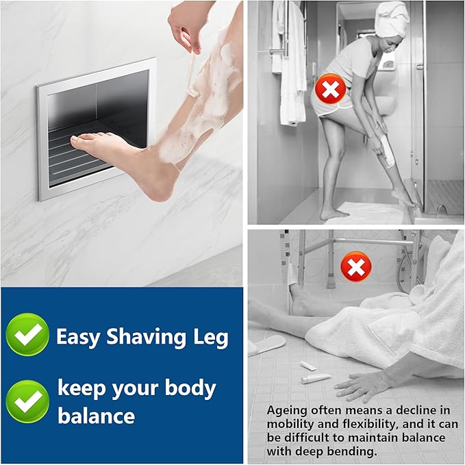 Qeke Shower Foot Rest for Shaving Legs, 304 Stainless Steel Footrest Niche with Shaving Holder, Recessed Shower Niche for Shaving Legs, Brushed Nickel