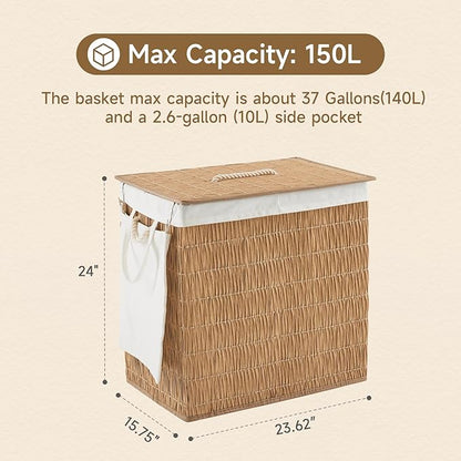 Laundry Hamper with Lid, 39.6 Gallon(150L) Large Laundry Basket 2 Removable Liner Bags, Synthetic Rattan Clothes Hamper with Side Pocket, laundry organization for bathroom, laundry room, Natural