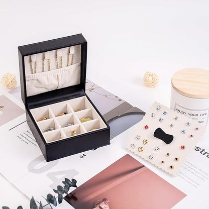 SANQIANWAN Small Travel Jewelry Box Square Jewelry Case Mini Ring Holder for Women Small Storage Box for Necklace with Earring Plates 9 Grids for Rings (Black)
