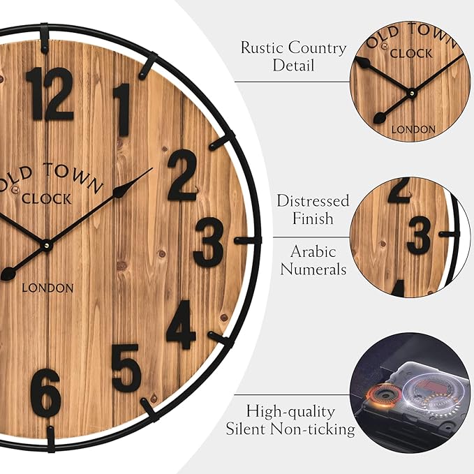 MICWIC 30 Inch Farmhouse Wall Clock Large Old Town Vintage Rustic Wooden Clock with Metal Rim and Large Numerals, Silent Battery-Operated for Office, Kitchen, Bedroom, and Living Room