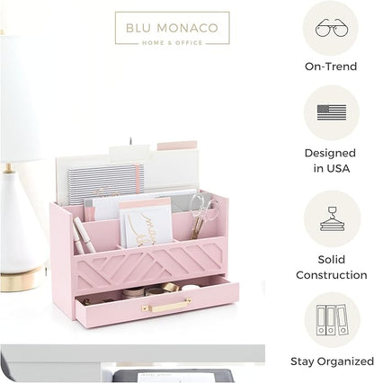 BLU MONACO | Pink Desk Organizers Wooden Mail Organizer with Drawer | Mail Sorter Organizer Countertop Gold Handle | Desk Organizers and Accessories Pink Office Storage