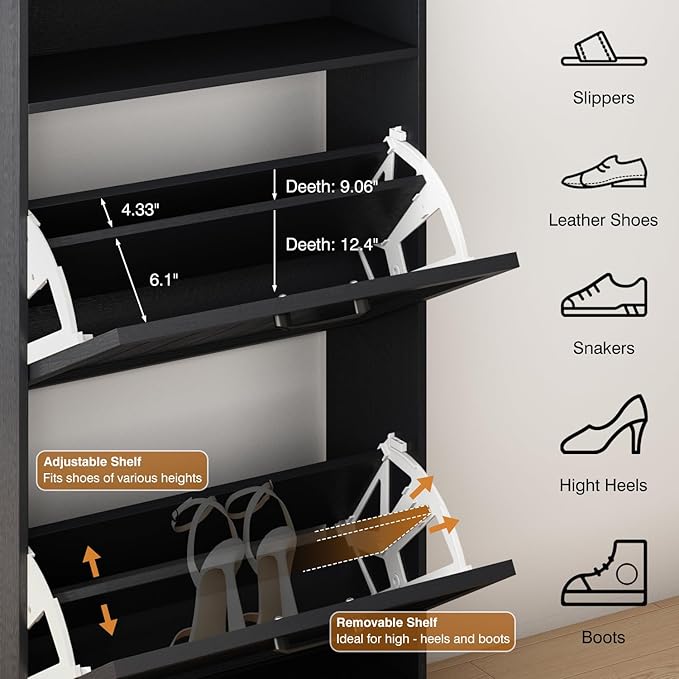 Shoe Storage Cabinet with 2 Flip Drawers, 24" W Farmhouse Modern Hidden Shoes Rack Cabinet with Adjustable Shelves & Open Storage, Narrow Slim Shoe Organizer for Front Door Entrance, Entryway, Black