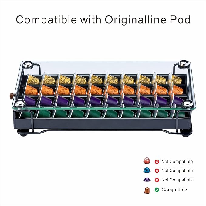 ZCDCP Coffee Pod Holder, Black Nespresso Original Pod Holder, Coffee Capsule Storage Drawer with Crystal Tempered Glass Top, 40 Pods