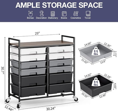 Rolling Storage Cart with 12 Drawers, Wooden Tabletop Utility Cart for Craft Storage, Art Supply Storage & Home Office Organization, Teacher Cart with Wheels for Classroom Organization, School (Grey)
