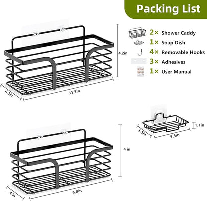 Yougai Shower Caddy, Shower Organizer with Soap Holder and Hooks, Rustproof Shower Shelves, No Drilling Bathroom Organizers and Storage, Wall-Mounted Kitchen & Home Decor (Black)