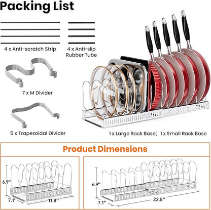 MUDEELA Pot Rack - Expandable Pots and Pans Organizer under Cabinet, Pot Lid Organizer Holder with 12 Adjustable Compartment, Kitchen Cabinet Organizer and Storage for Cutting Board, Skillets Pan