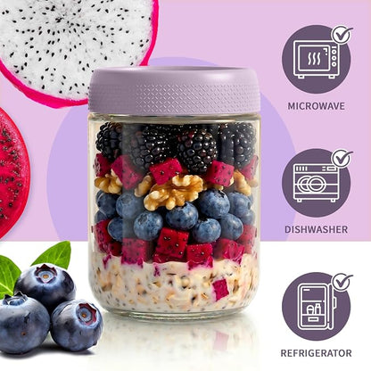 16 oz Overnight Oats Containers with Lids, 6 Pack Wide Mouth Mason Jar with Lid, Yogurt Containers with Lids for Kitchen, Glass Jars for Storage, Pudding, Chia, Prep, Snack, Sugar, (Purple)