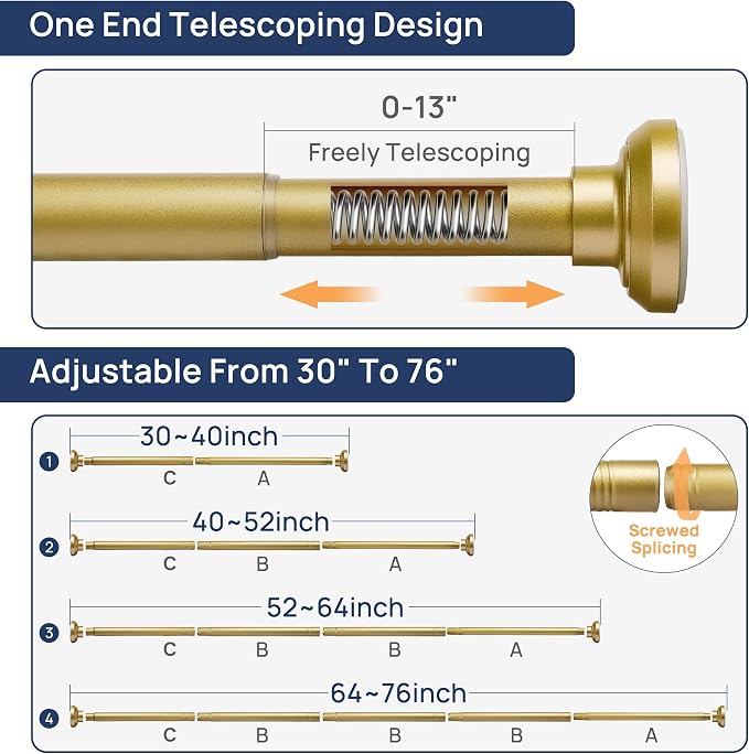 ENJOYBASICS Gold Shower Curtain Rod 30 to 76 Inches, Stainless Steel Adjustable Spring Tension Rods No Drill for Bathroom, Closet, Window, Room Divider, Never Rust, Non Slip