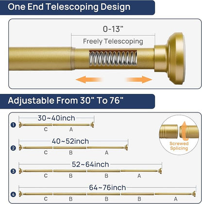 ENJOYBASICS Gold Shower Curtain Rod 30 to 76 Inches, Stainless Steel Adjustable Spring Tension Rods No Drill for Bathroom, Closet, Window, Room Divider, Never Rust, Non Slip