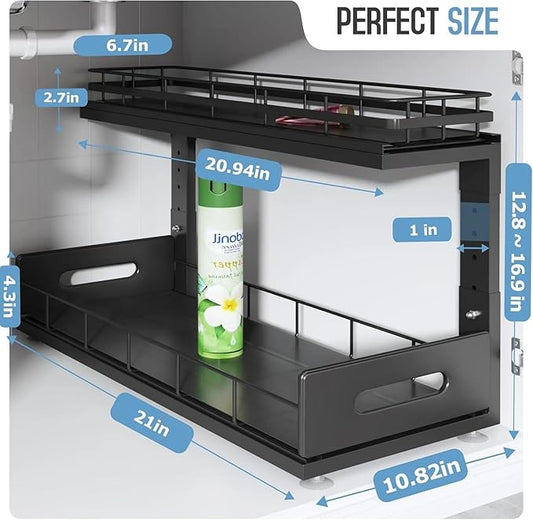 Under Sink Organizer Upgrade To Professional Rails,2-Tier Dual Pull Out Cabinet Storage,Height Adjustable Slide Out Drawers For Bathroom Kitchen,1 Pack-21"Dx12.8"-16.9"H,Black