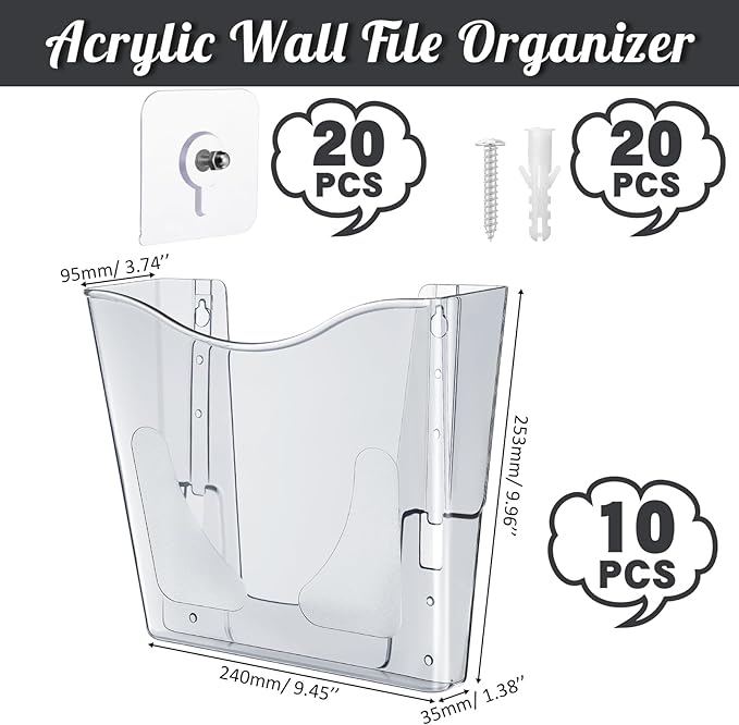 10 Pack Acrylic Wall Pocket File Holders Single Pocket Wall Mount File Organizer Hanging Mail Magazines Organizers for Office Home Classroom(Transparent Black)