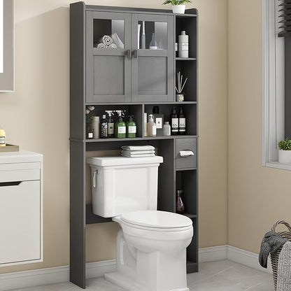 Vabches Over The Toilet Storage Cabinet, Bathroom Shelf Over Toilet with Glass Doors and Adjustable Shelves, Natural Grey Freestanding Home Space Save Toilet Rack, for Restroom, Bathroom, Laundry