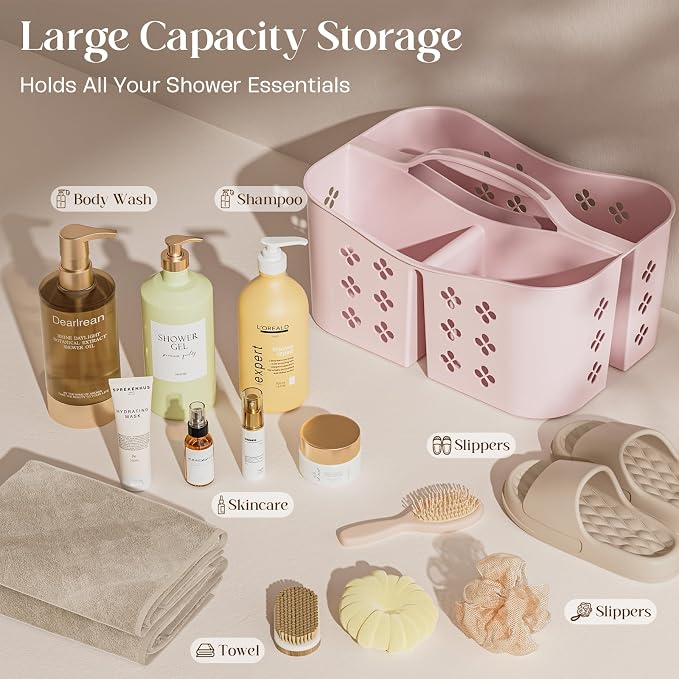 Portable Shower Caddy with Handle, Large Capacity Shower Basket Organizer, Quick-Drain Bathroom Storage Tote, Durable Plastic Shower Organizer for College Dorm, Beach, Gym, Travel Essentials, Pink