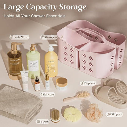 Portable Shower Caddy with Handle, Large Capacity Shower Basket Organizer, Quick-Drain Bathroom Storage Tote, Durable Plastic Shower Organizer for College Dorm, Beach, Gym, Travel Essentials, Pink