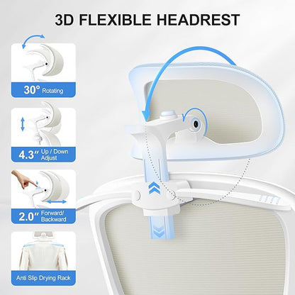 Ergonomic Office Chair, Mesh Desk Chair with Lumbar Support, High Back Home Office Chair with Adjustable Headrest and Flip-Up Arms, Comfortable Computer Chair, Thick Cushion, 300 LBS, White