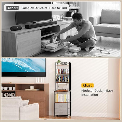 DVD Storage, Mutli 7-Tier DVD Storage Rack and Shelving, DVD Dispaly Shelf, CD Rack Tower for DVDs CDs Book Organizer with Drawers, Media Shelf, Manga Bookshelf for Gaming Media Moive Room