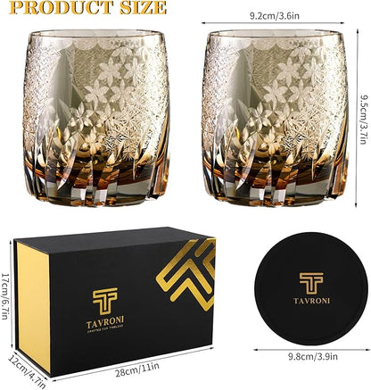 Edo Kiriko Whiskey Glasses – Handmade Crystal Glass Tumbler 11 oz for Bourbon Scotch Cocktail – Japanese Style Cut Crystal Whiskey Glass for Men and Women – Gift Set with Elegant Box (2pack)