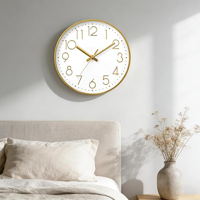 DAXSMY Wall Clock - 14 Inch Silent Non-Ticking Modern 3D Wall Clocks Battery Operated - Decorative Clock for Kitchen, Home Office, Bathroom, Bedroom, Living Room(Gold)