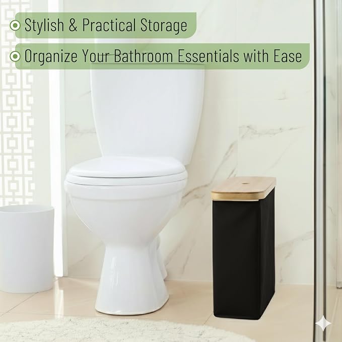 BAMBOO LAND- Toilet Paper Storage with Bamboo Lid for 12 Rolls, Black, Waterproof Bamboo Toilet Paper Holder Basket