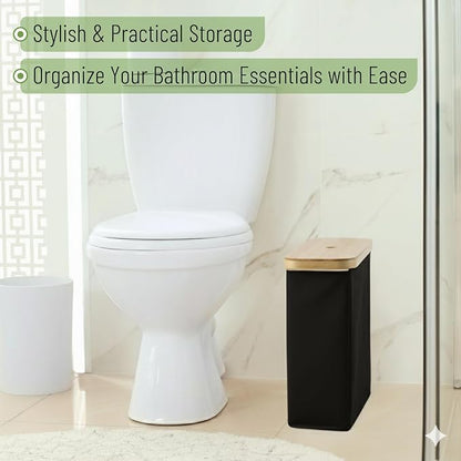 BAMBOO LAND- Toilet Paper Storage with Bamboo Lid for 12 Rolls, Black, Waterproof Bamboo Toilet Paper Holder Basket