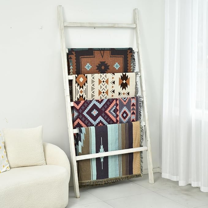 FUIN Extra Wide 6.4ft Wooden Blanket Ladder Living Room Decorative Wal Leaning Farmhouse Quilt Display Holder Rustic Wood Towel Rack for Bathroom, White, 38 inch Wide