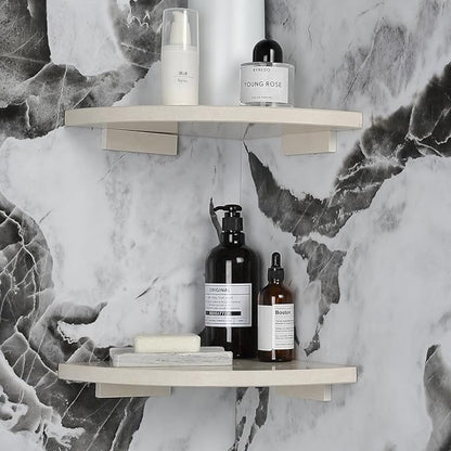 Koville Italian Marble Corner Shower Shelf for Bathroom, 10'' Marble Corner Shelves for Bath, Wall Mounted Stone Shower Caddy, No Drilling Adhesive Shower Shelf - Sahara Sand (2-Layer)