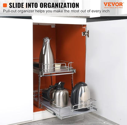VEVOR Pull Out Cabinet Organizer, 14" Wx21.2 Dx15.2 H Heavy 2 Tier Duty Slide Out Pantry Shelves, Chrome-Plated Steel Roll Out Drawer for Under Sink, 15.5" Wx22.5 Dx19 H Install Size for Cabinet