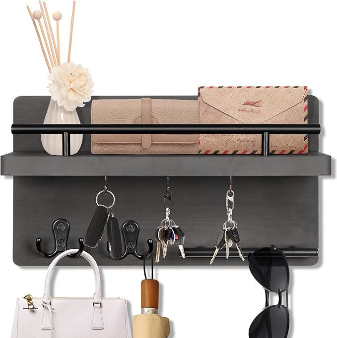 OurWarm Wall Mounted Key Hanger with 5 Hooks, Decorative Wooden Mail Organizer with Shelf, Rustic Home Decor for Entryway, Mudroom, Office, Hallway
