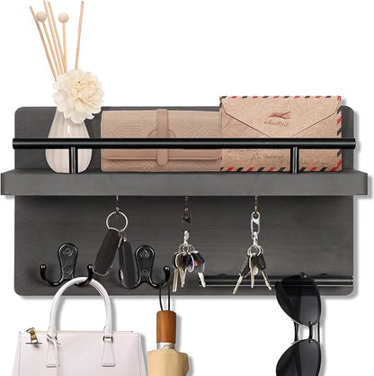OurWarm Wall Mounted Key Hanger with 5 Hooks, Decorative Wooden Mail Organizer with Shelf, Rustic Home Decor for Entryway, Mudroom, Office, Hallway