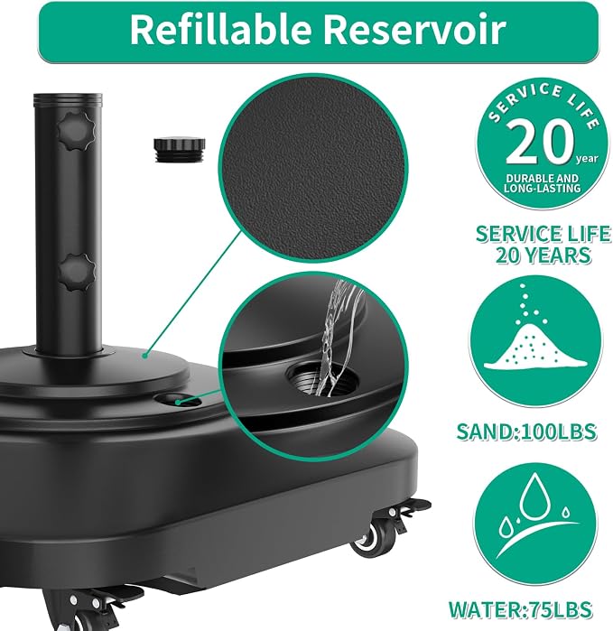 QZER Umbrella Base with 5 Wheels, Upgraded 145lb Umbrella Stand Base, Heavy Duty & Windproof, Fillable Umbrella Base Mobile Umbrella Outdoor for Patio, Deck, Poolside, Lawn, Fits Most Sized Umbrellas