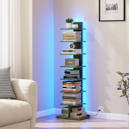 TUTOTAK Narrow Bookshelf, 8-Tier Bookcase with LED Lights, Spine Book Shelf for Small Space, Corner Standing Shelf for Living Room, Office, Study, Entryway, Olive Green BS06BOG008L