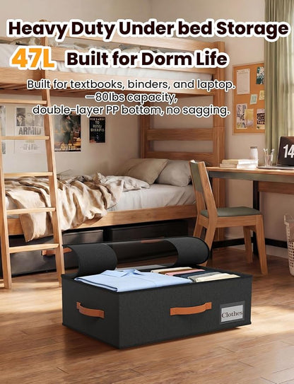 TOSKING 2-Pack Under Bed Storage Bins with Wheels, 4 Vacuum Bags, Heavy Duty 80 lbs, 7.9" Height, 47L Clear Lid Organizer, Space Saver for Dorm Bedroom Clothes Shoes Toys, Quick Assembly, Black